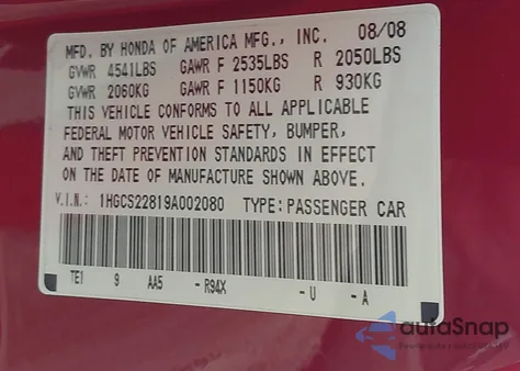 2009 Honda Accord 3.5 Ex-L z USA, uszkodzony, nr VIN 1HGCS22819A002080